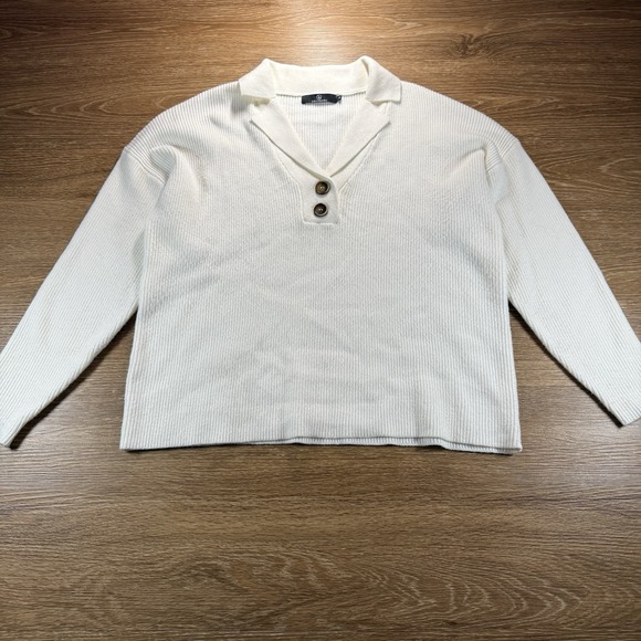 LILLUSORY Women's S Ribbed Henley Sweater Top Ivory Button V-Neck Long Sleeve - Picture 2 of 8